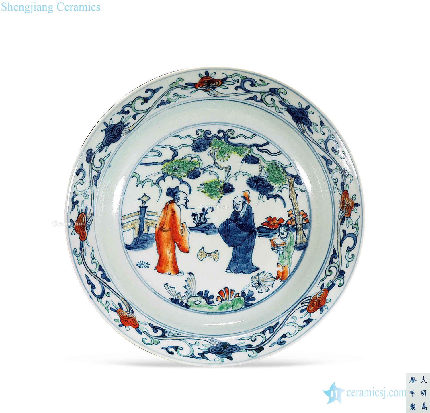 Ming wanli Multicoloured coats and relatives figure fold along the plate