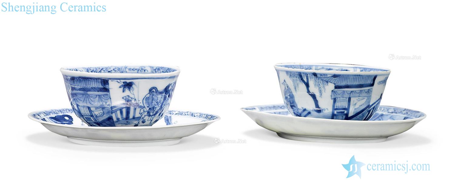 Qing yongzheng stories of blue and white cups and saucers (a)
