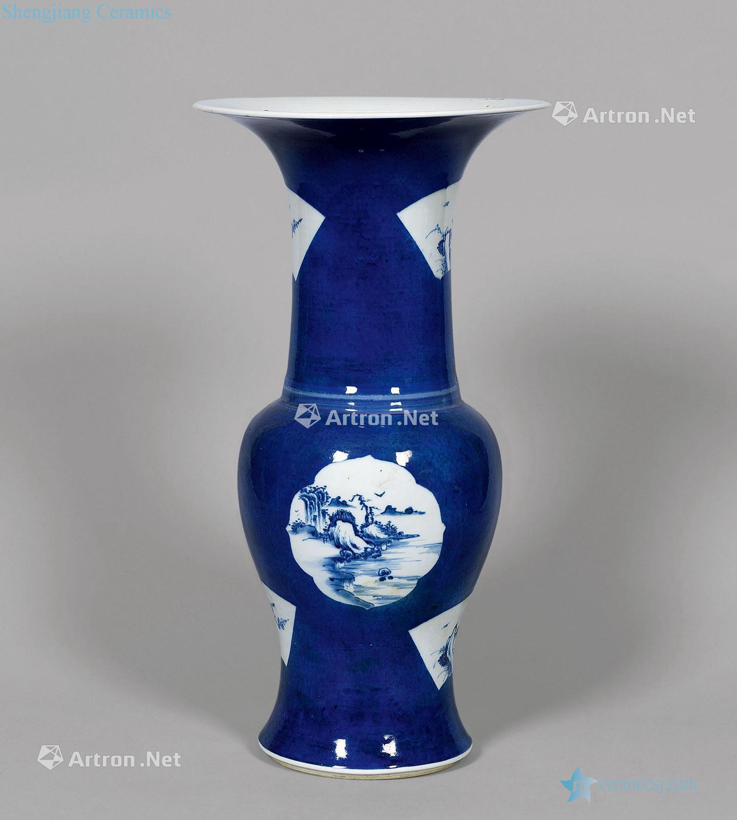 The qing emperor kangxi blue to blue and white landscape flower vase with medallion