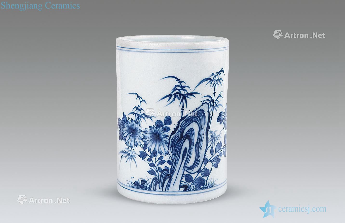 yongzheng Blue and white shochiku may brush pot