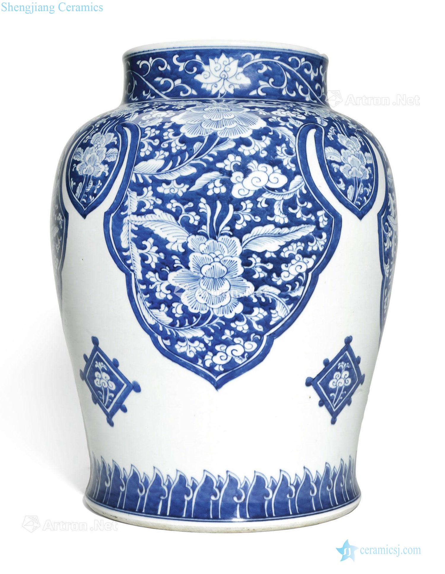 Qing in the eighteenth century Blue and white medallion around branches figure large pot of flowers