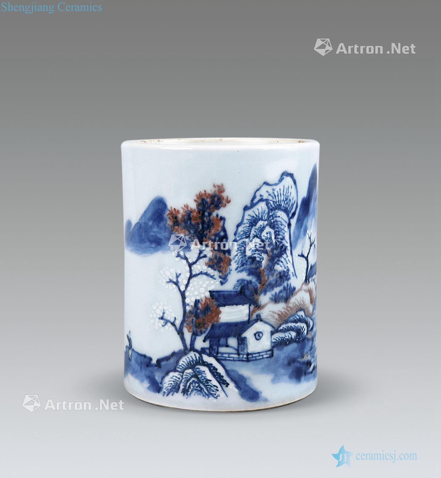 Yongzheng blue-and-white youligong landscape character brush pot