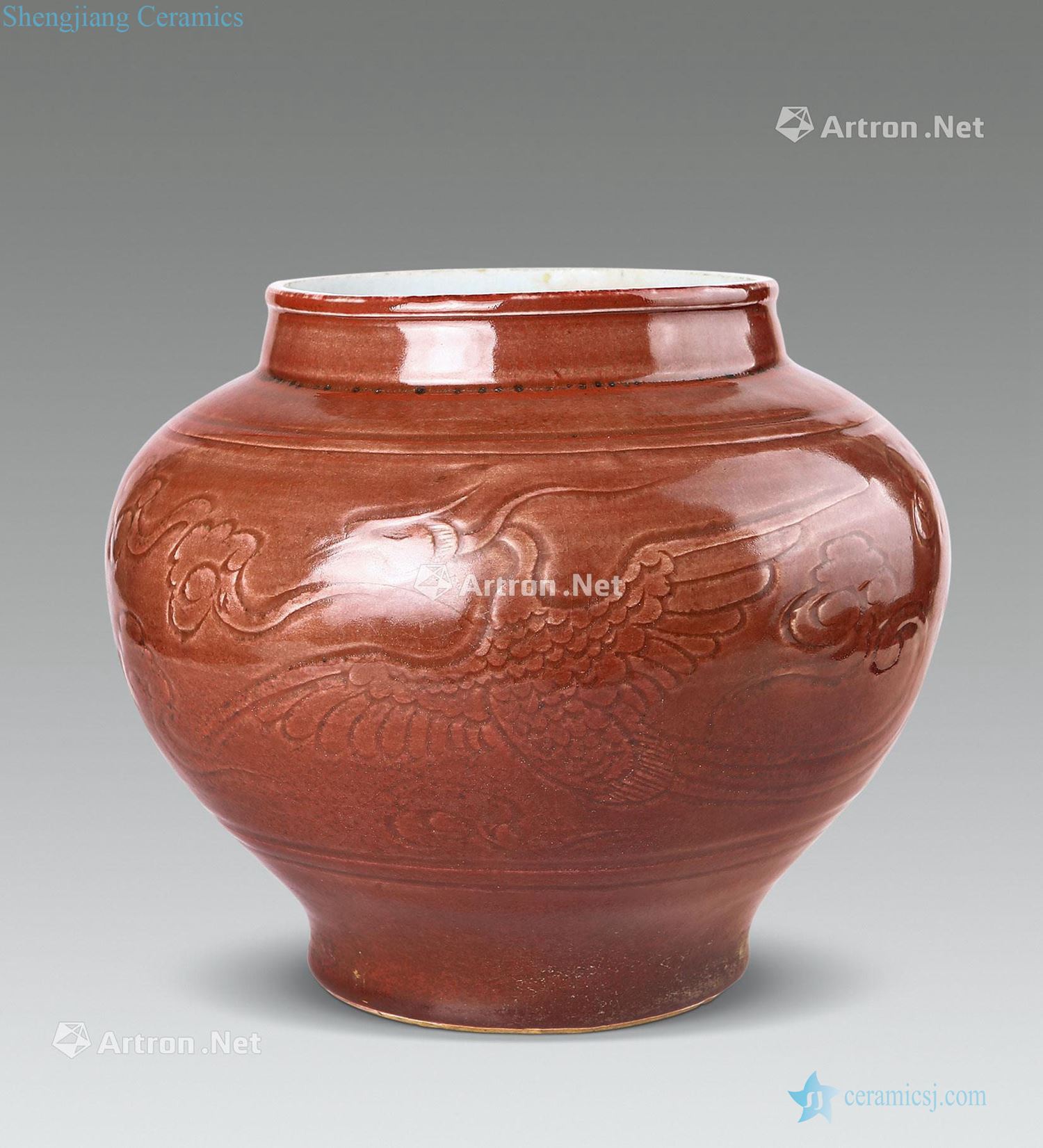 Ming Dark red glaze carving longfeng grain tank