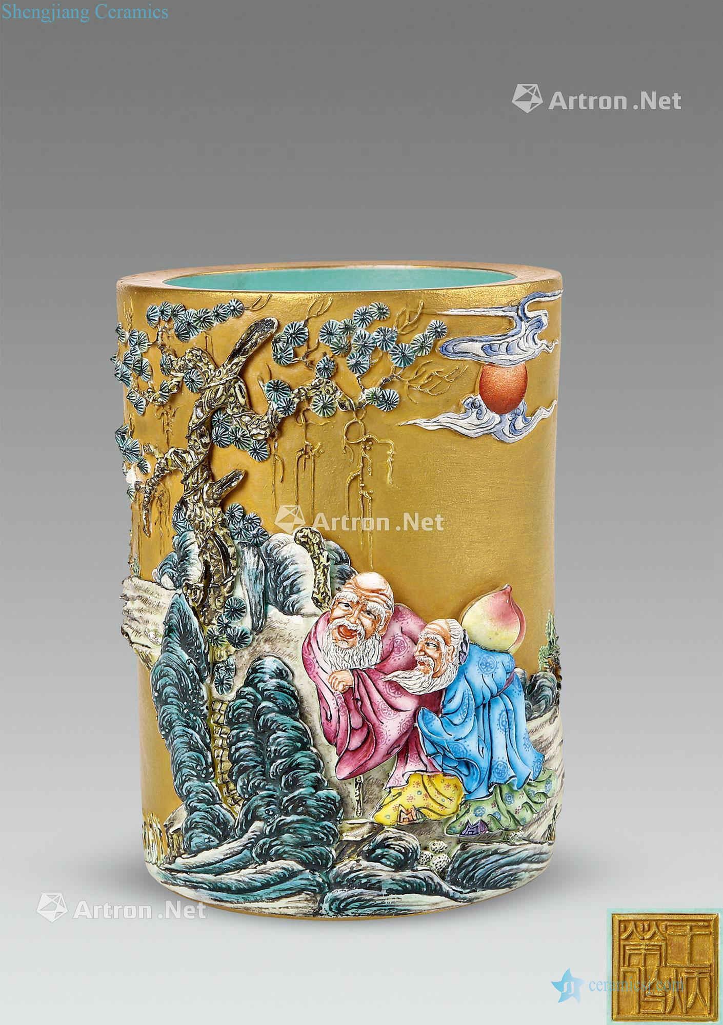 guangxu Wang Bingrong jindi pastel carved porcelain brush pot