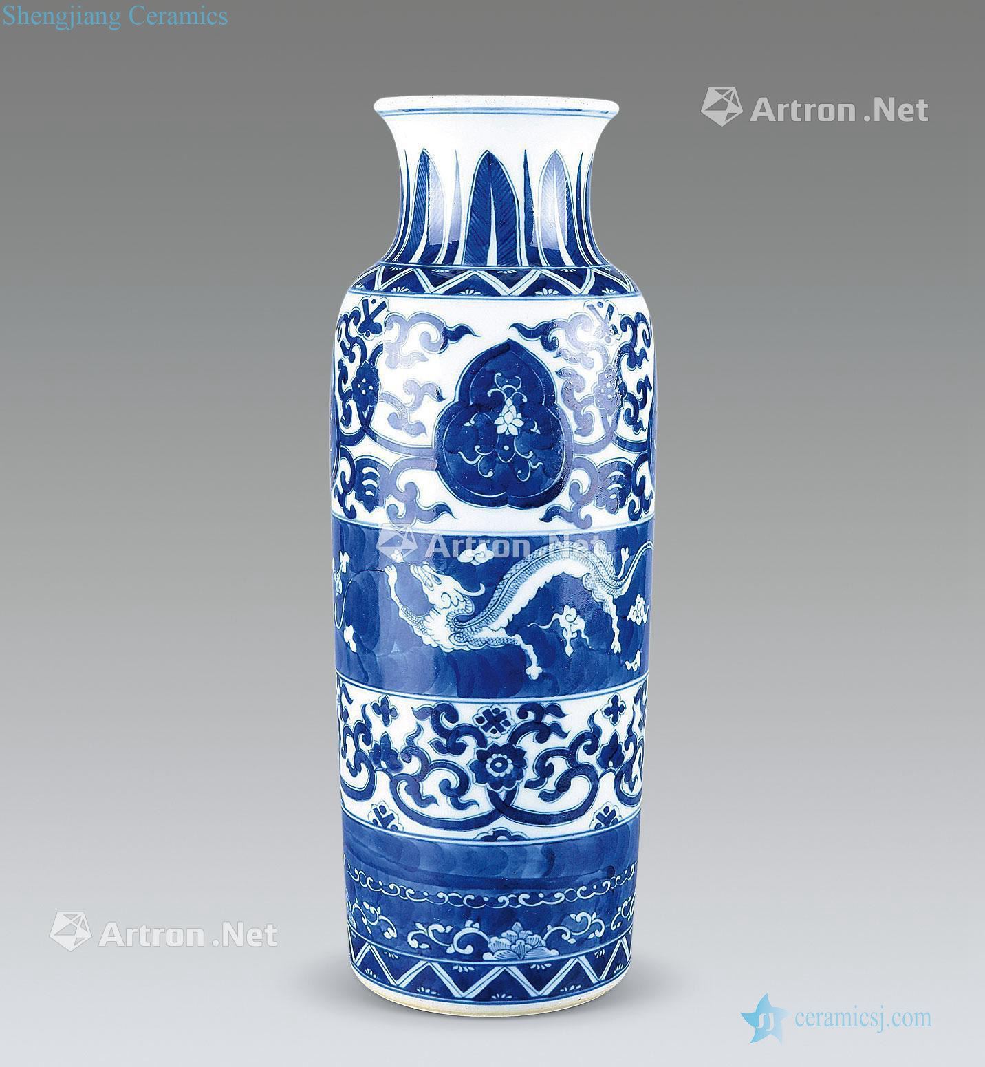kangxi Blue and white floral print cylinder bottle wrapped branches