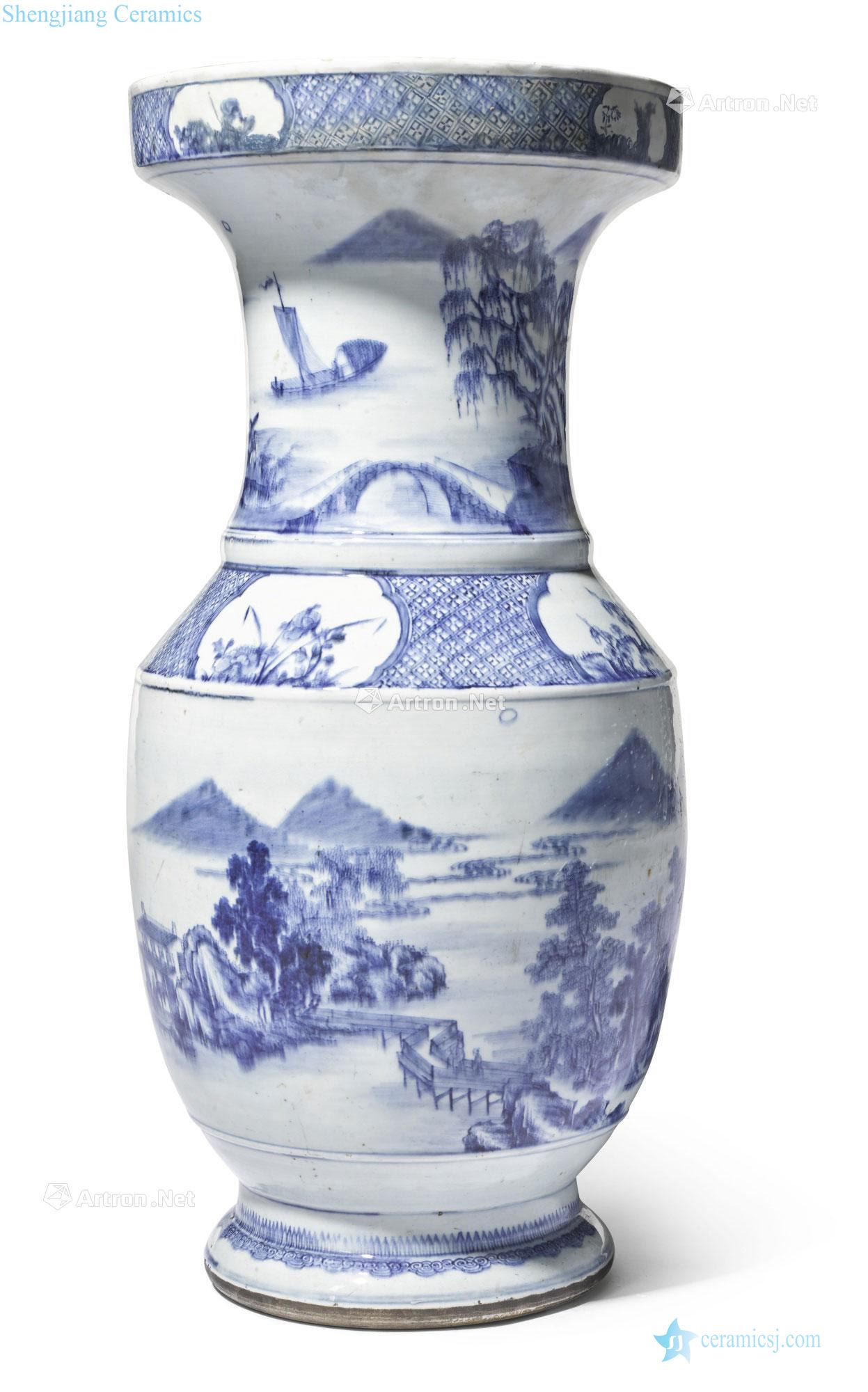 Qing in the eighteenth century Blue and white landscape figure goddess of mercy bottle