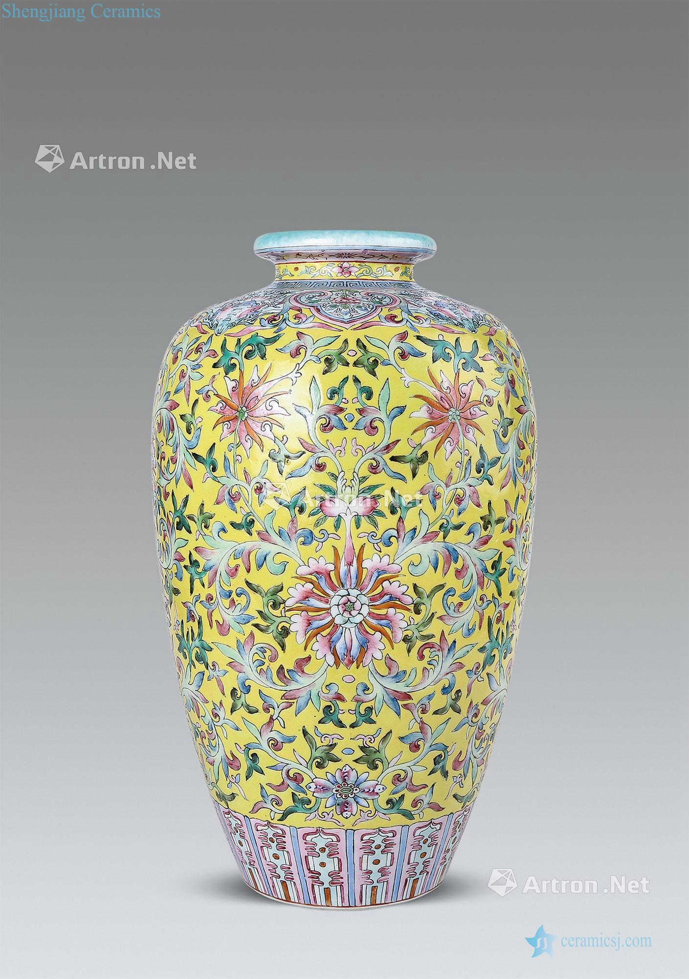 Qianlong yellow glaze enamel branch plum flowers bottle