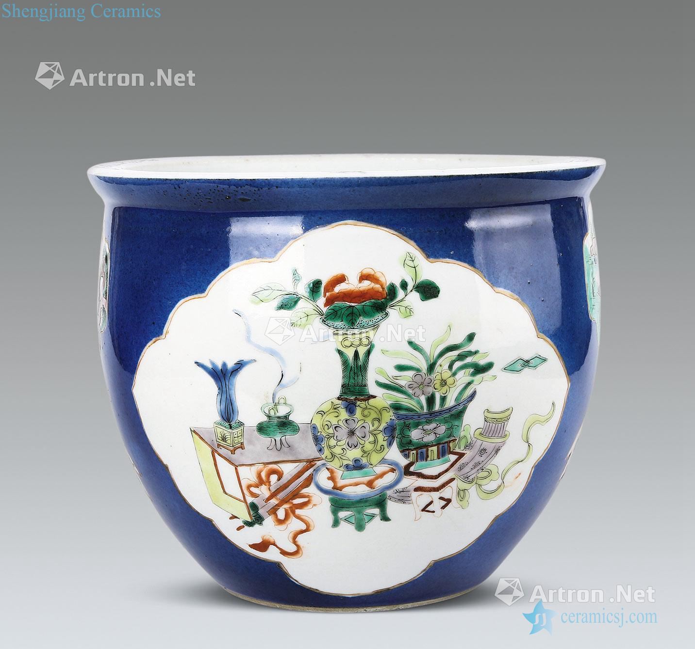 Qing ji blue glaze medallion flower grain volume cylinder colorful characters