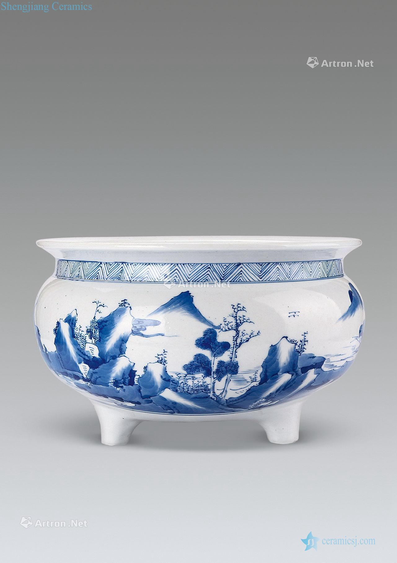 kangxi Blue and white landscape character furnace with three legs