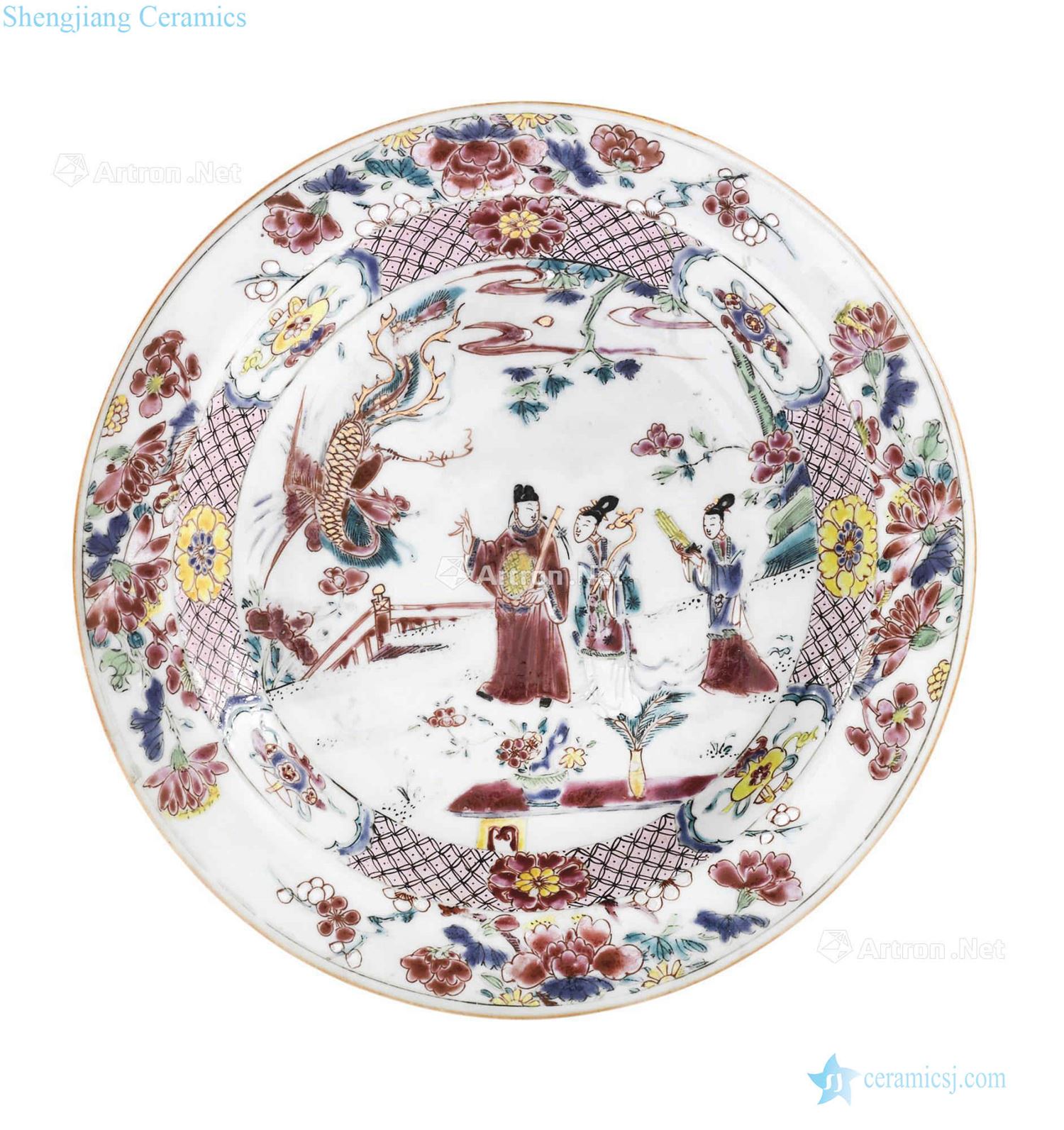Clear pastel eighteenth century disc and carmine pastel character figure of plate (5)