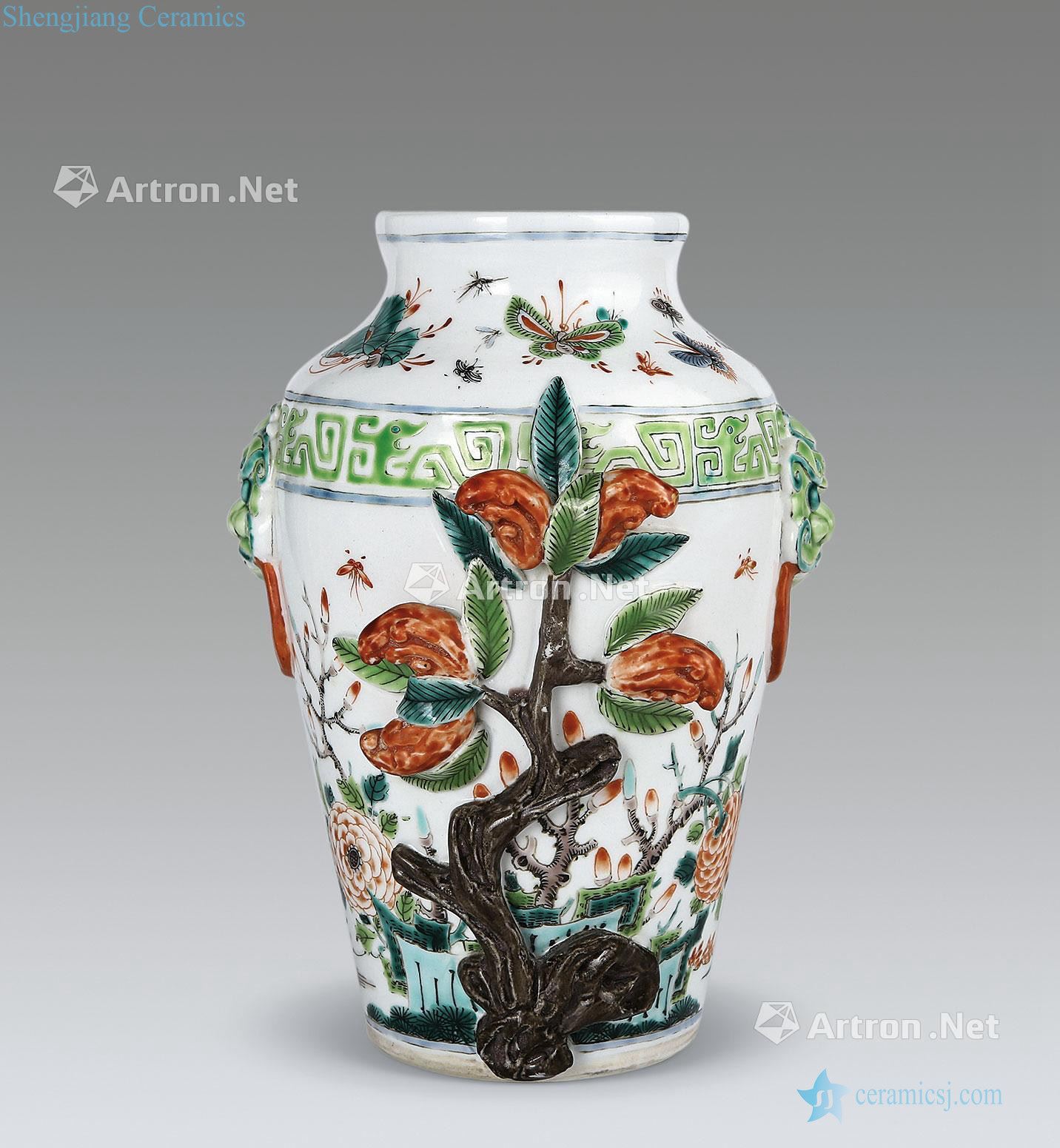 Qianlong powder enamel carved porcelain sanduo grain bottle