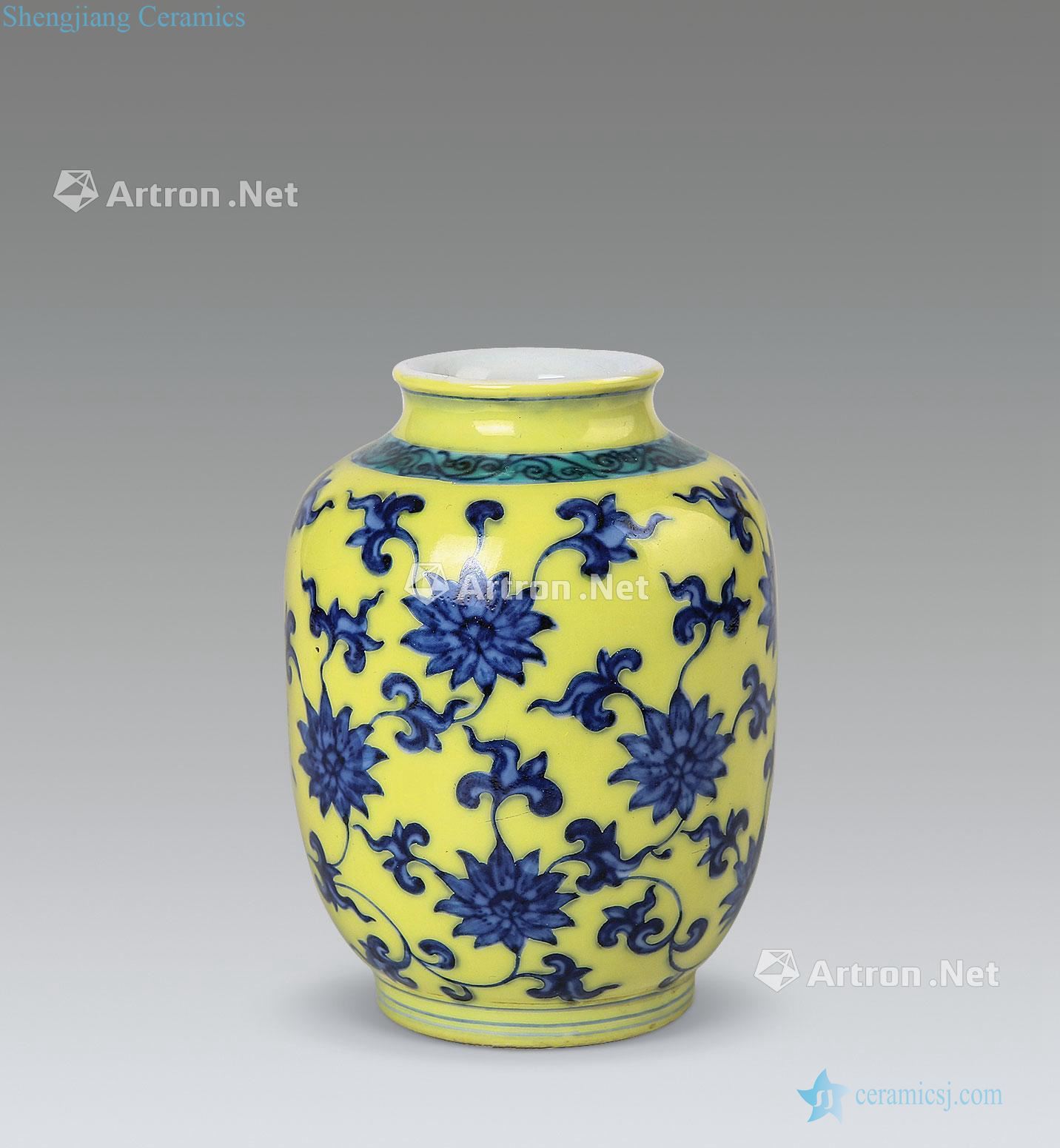 Yongzheng yellow blue and white tie up branch flowers lines canister