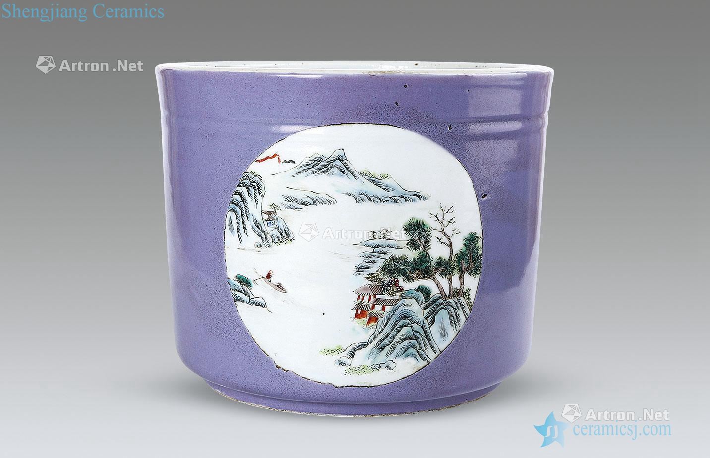 Qianlong purple famille rose medallion landscape brush pot