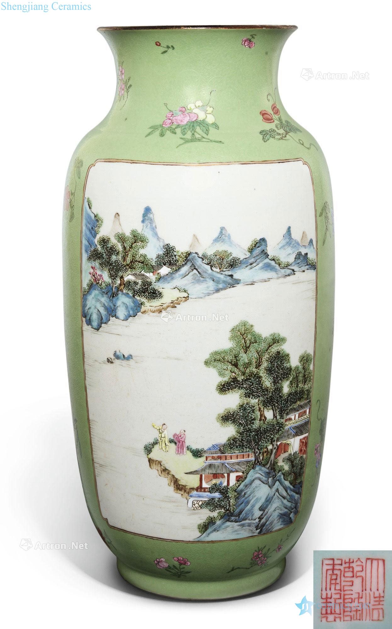 Qing qianlong green pastel rolling tao jin to medallion landscape character figure mouth bottle