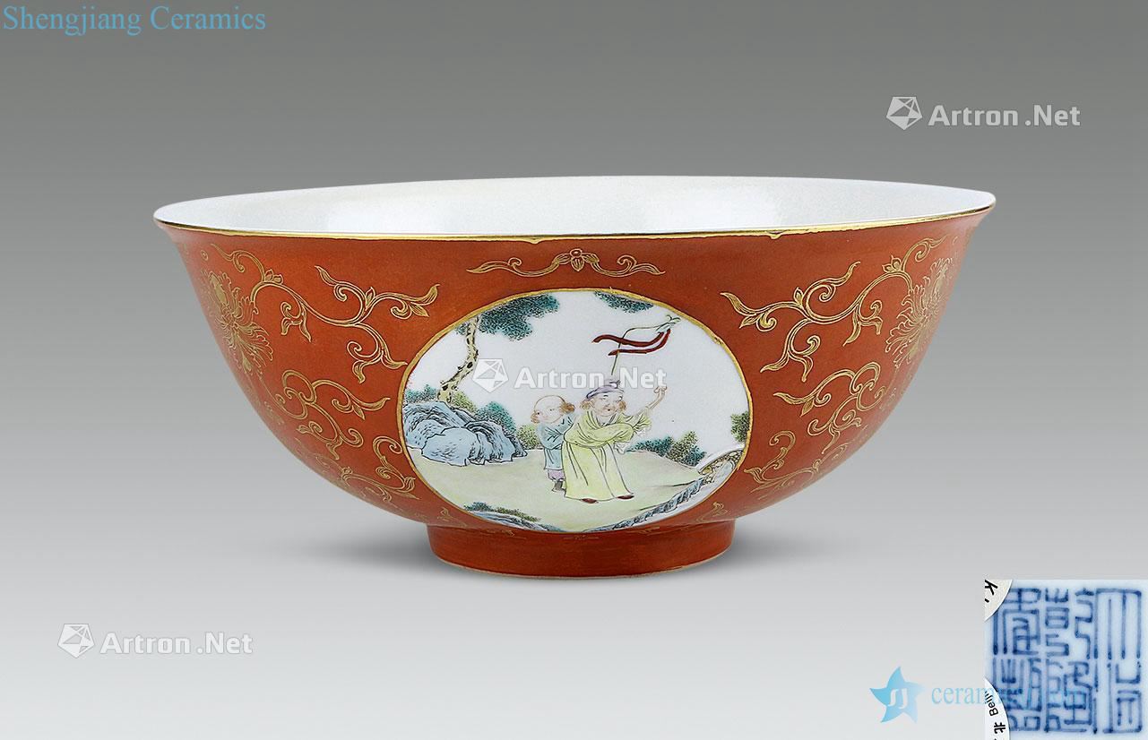 Qianlong coral red paint medallion bowl pastel characters