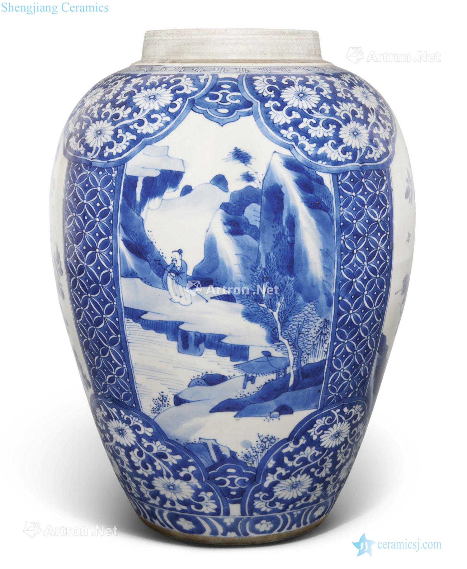 The qing emperor kangxi Blue and white medallion landscape character flower pot
