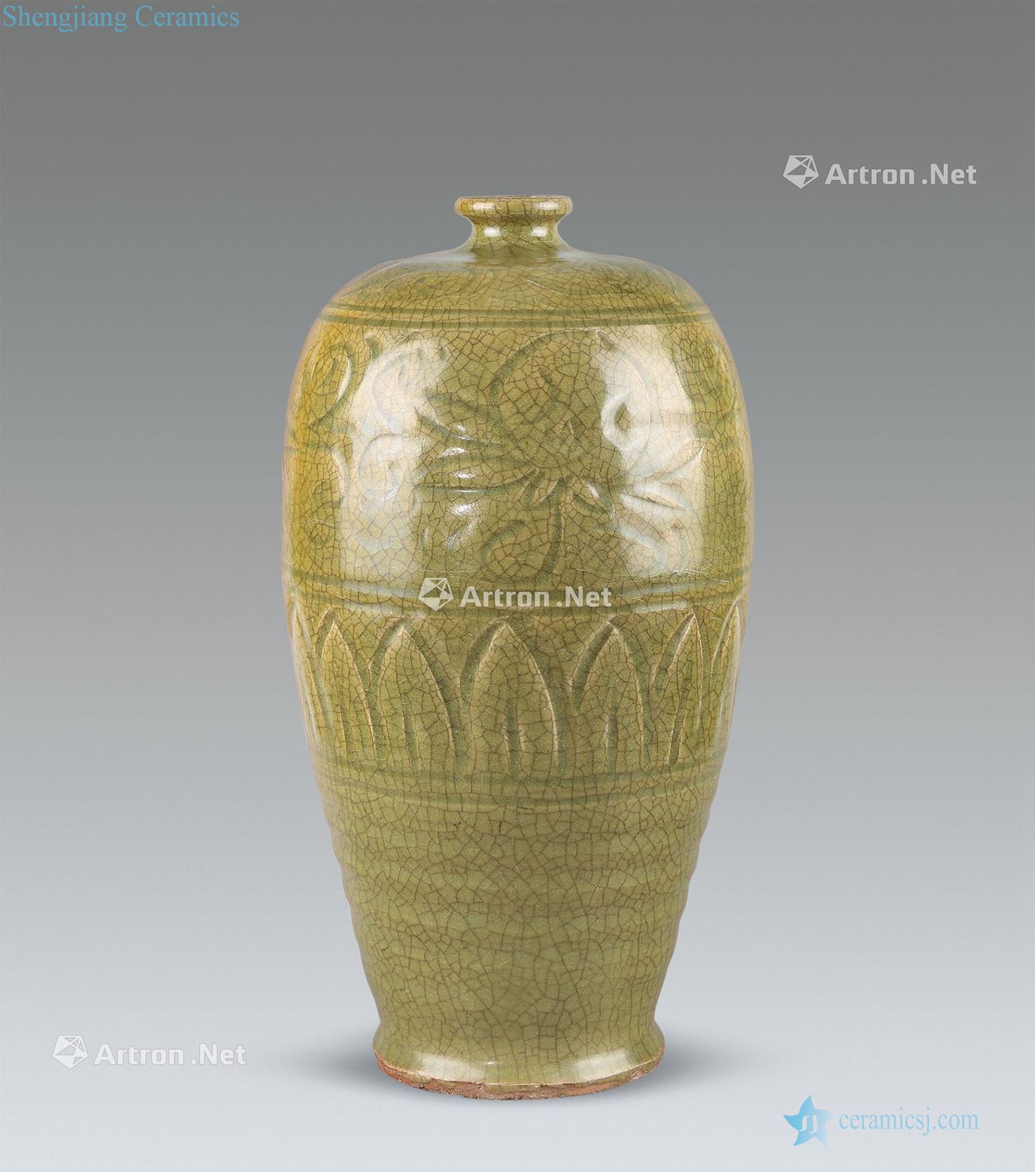 Ming Longquan celadon dark carved petals grain mei bottles around branches