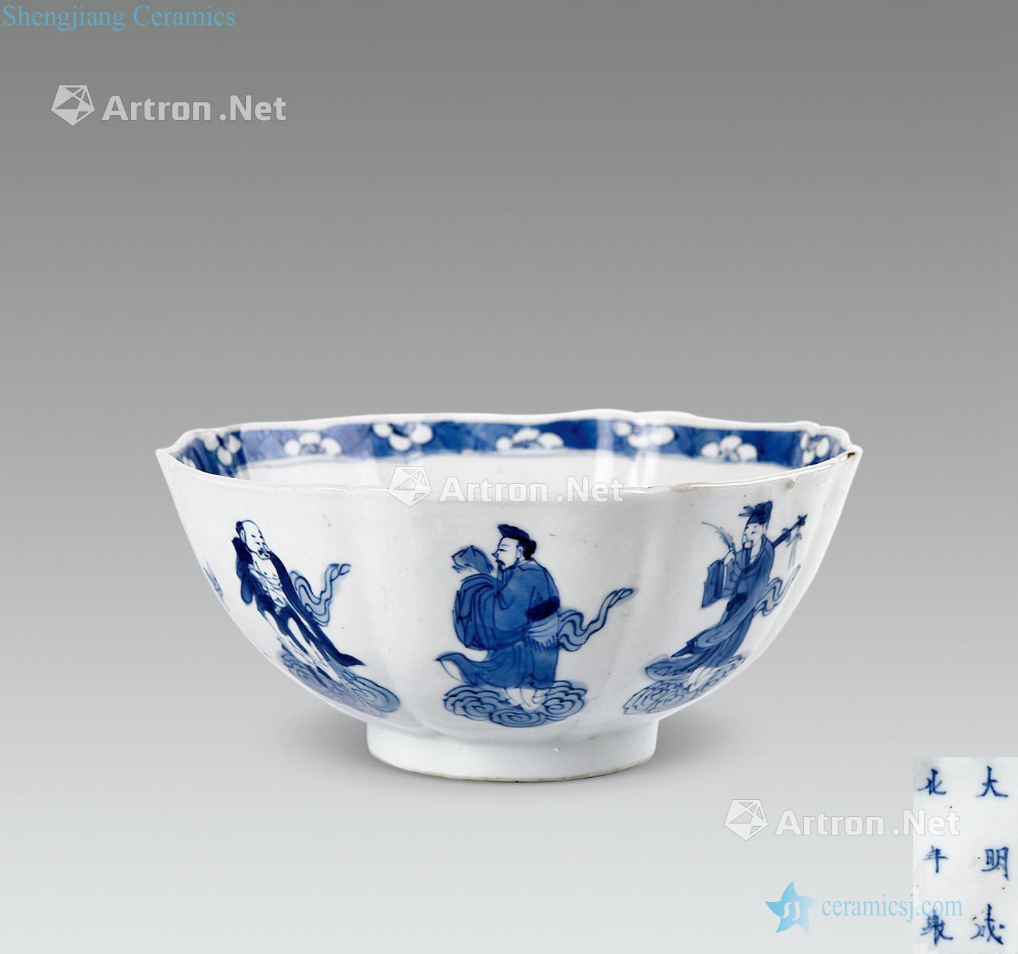 kangxi Blue and white melon leng bowl of the eight immortals characters