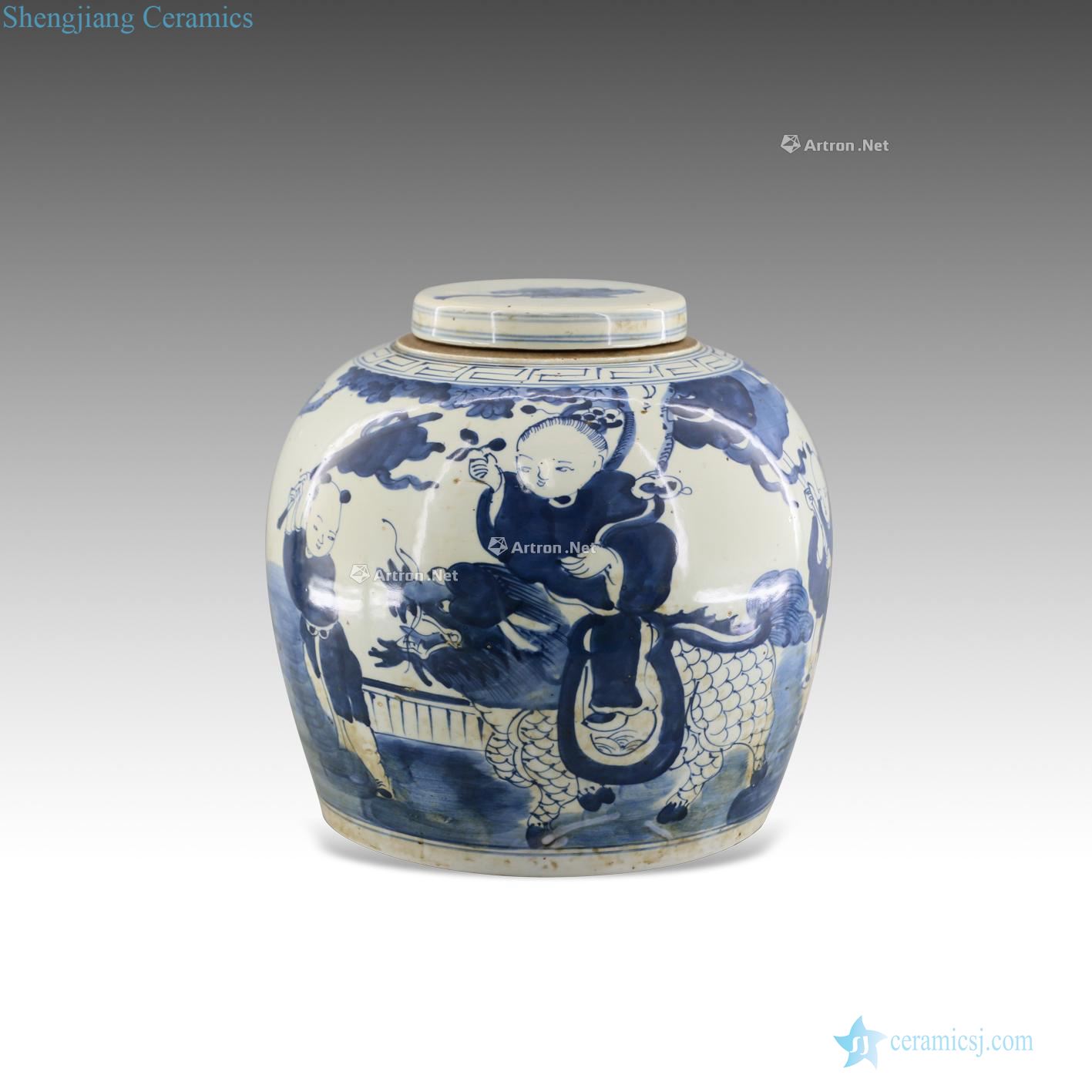Stories of qing dynasty blue and white lines cover tank