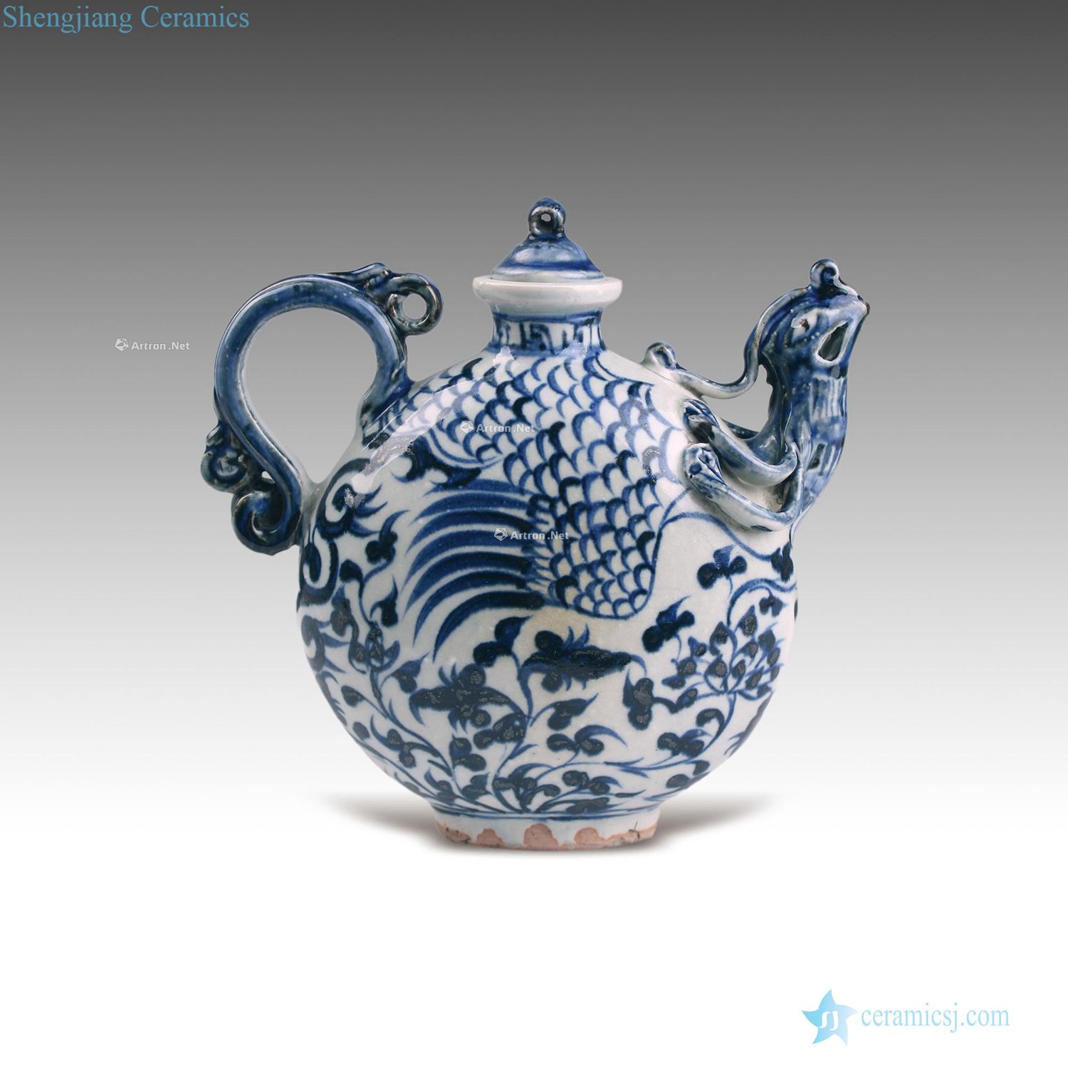 yuan Blue and white phoenix bird flower lines flat ewer