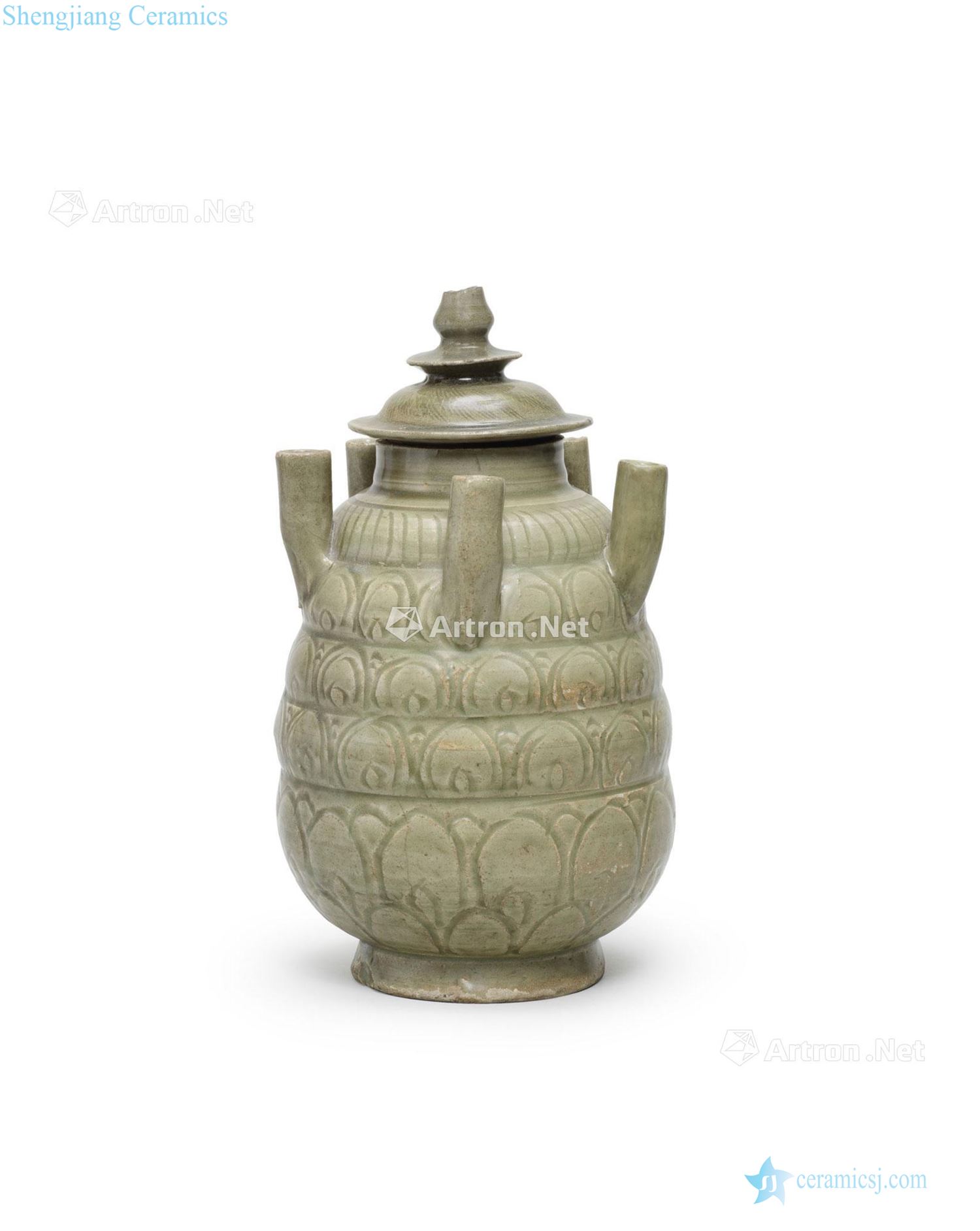 The song dynasty Longquan green glaze lotus-shaped grain five mouth cover trader