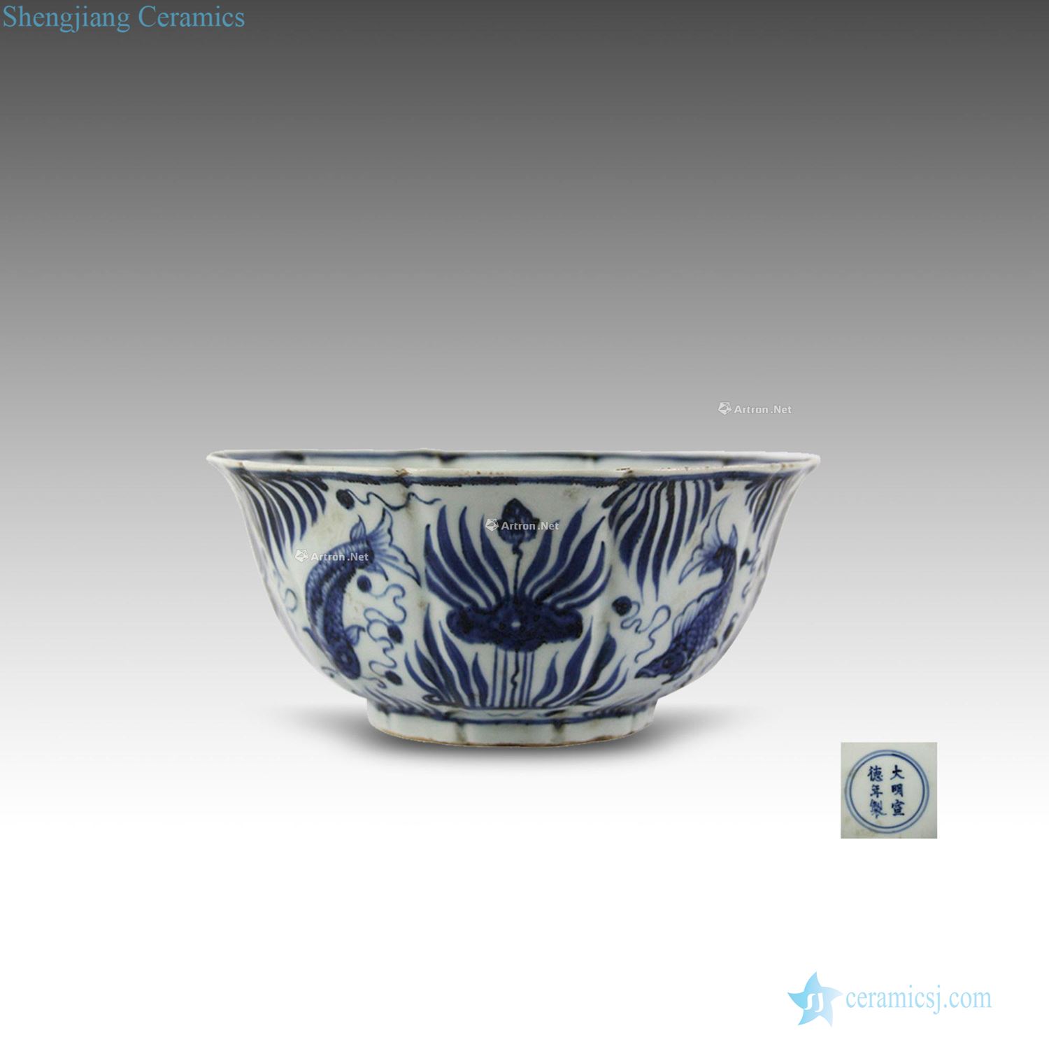 Daming jintong Blue and white fish and algae lines ten ridge kwai mouth bowl