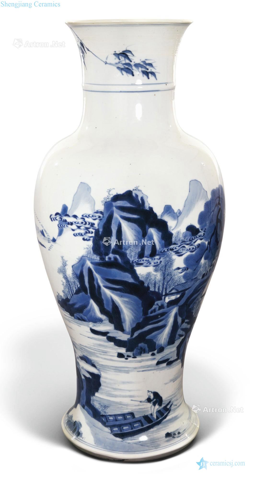 The qing emperor kangxi Blue and white characters scenery figure goddess of mercy bottle