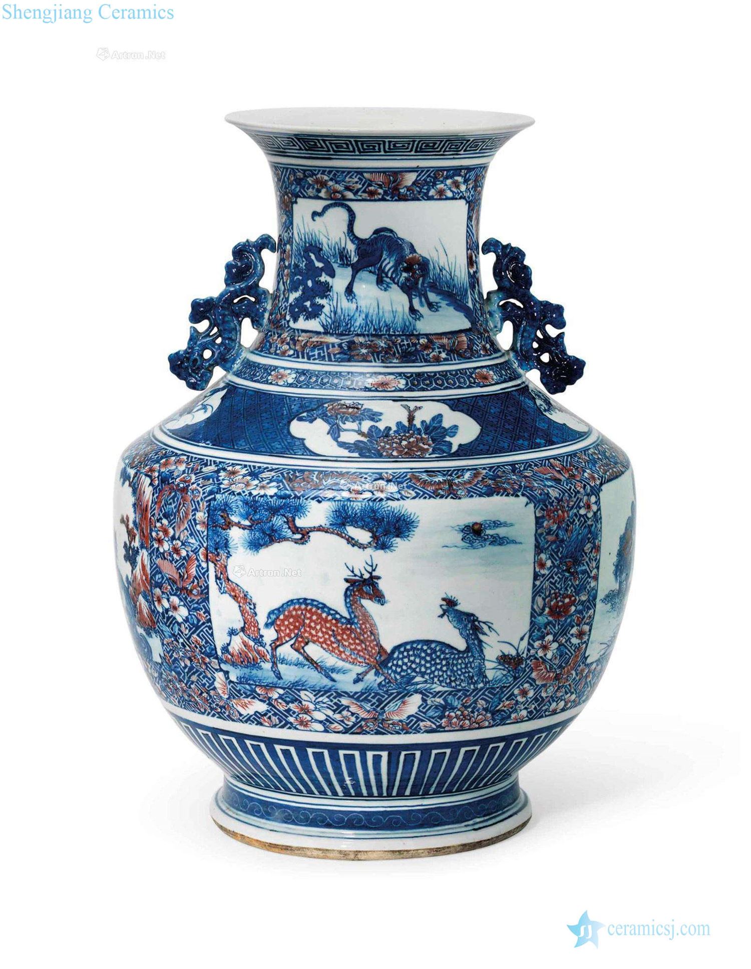 Qing dynasty in the 19th century Blue and white youligong medallion benevolent big bottle with a pair of