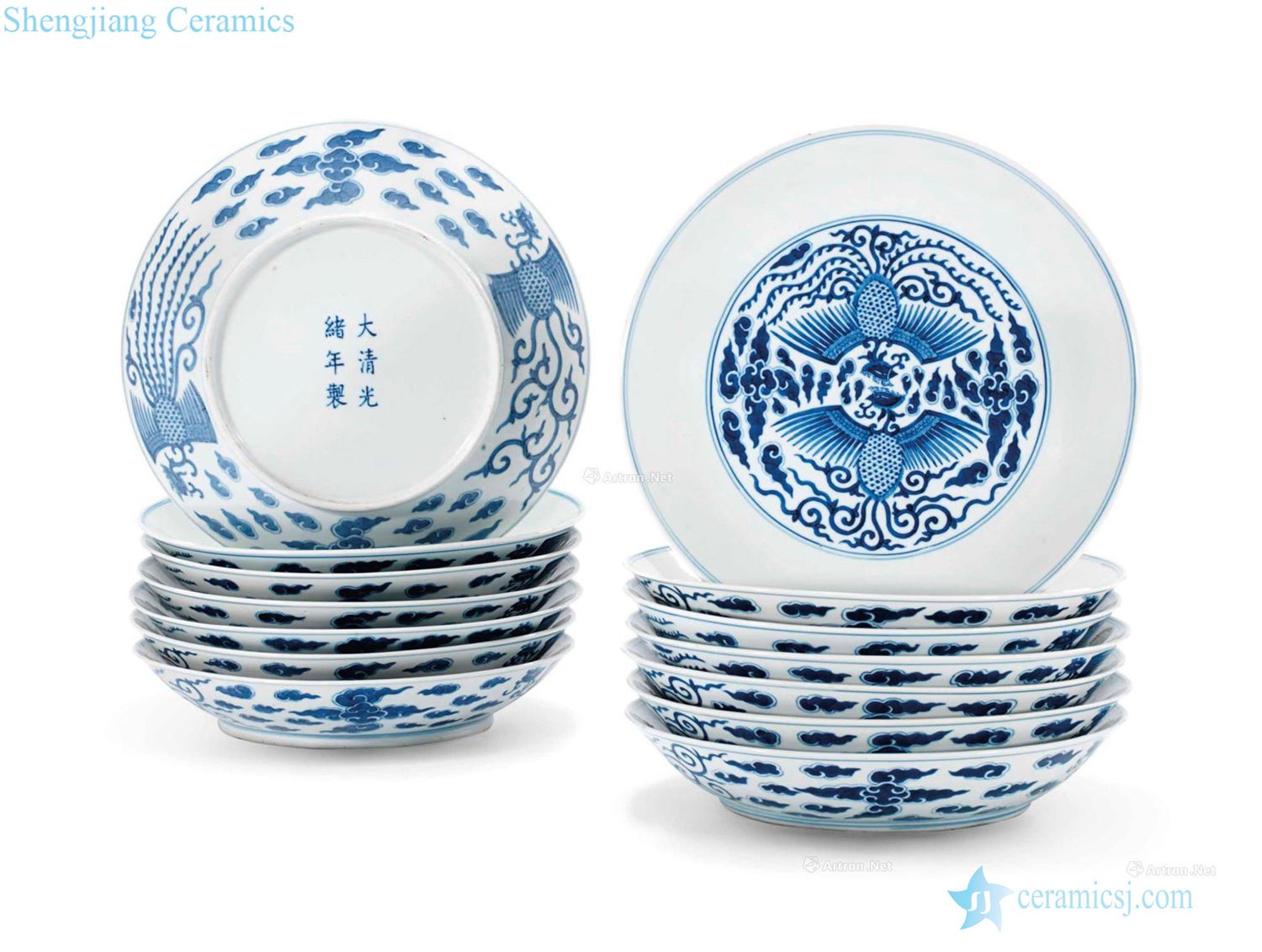 Qing guangxu Blue and white double phoenix tray (a group of 14)