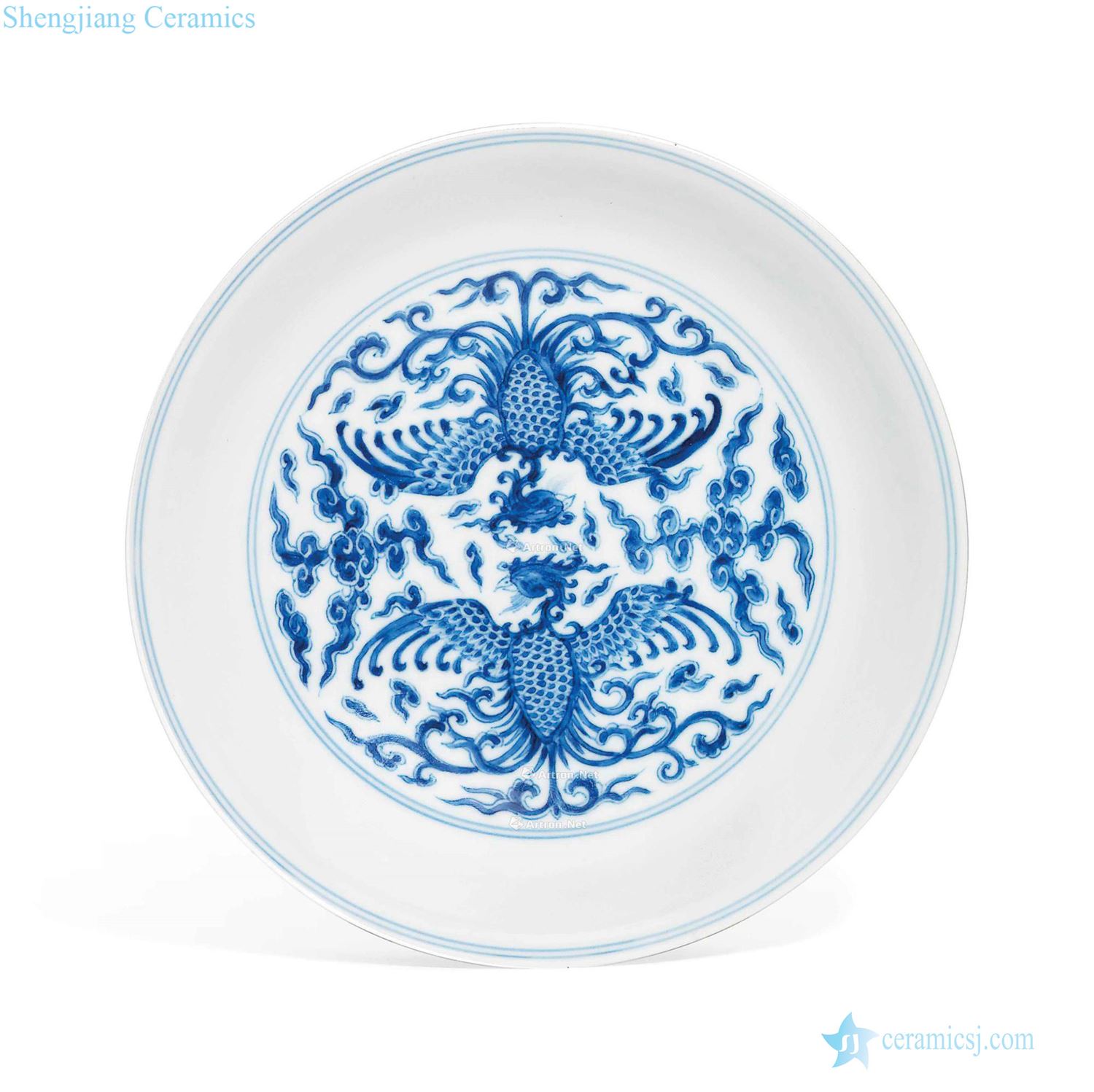 Qing yongzheng Blue and white double phoenix tray
