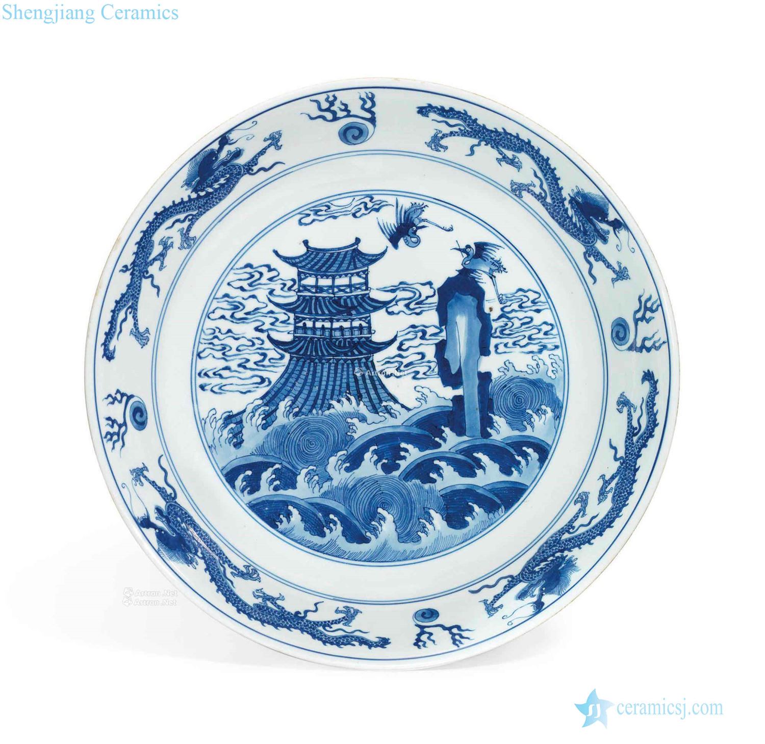 The qing emperor kangxi (1670 years) figure plate of blue and white tengwang pavilion