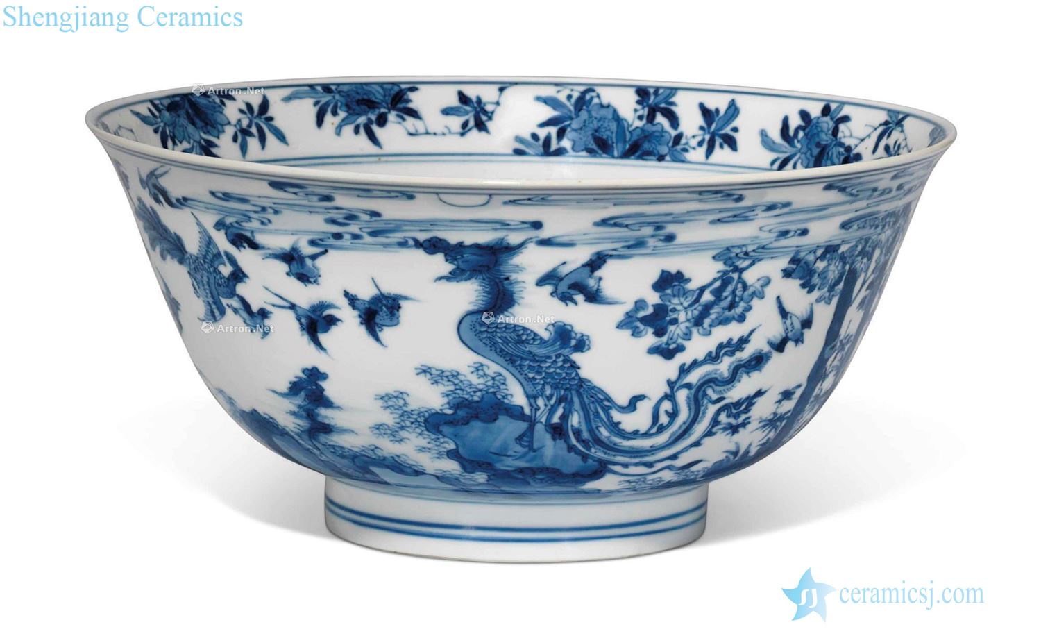 The qing emperor kangxi Figure bowl of blue and white birds pay homage to the king