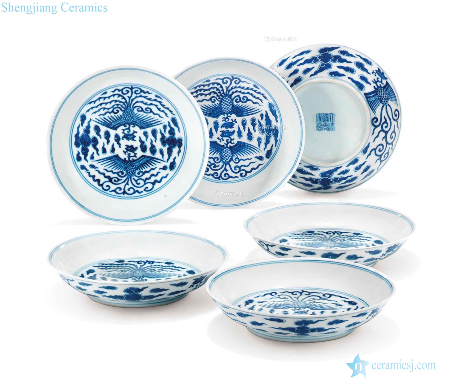 Qing daoguang Blue and white double phoenix grain small (a group of six)