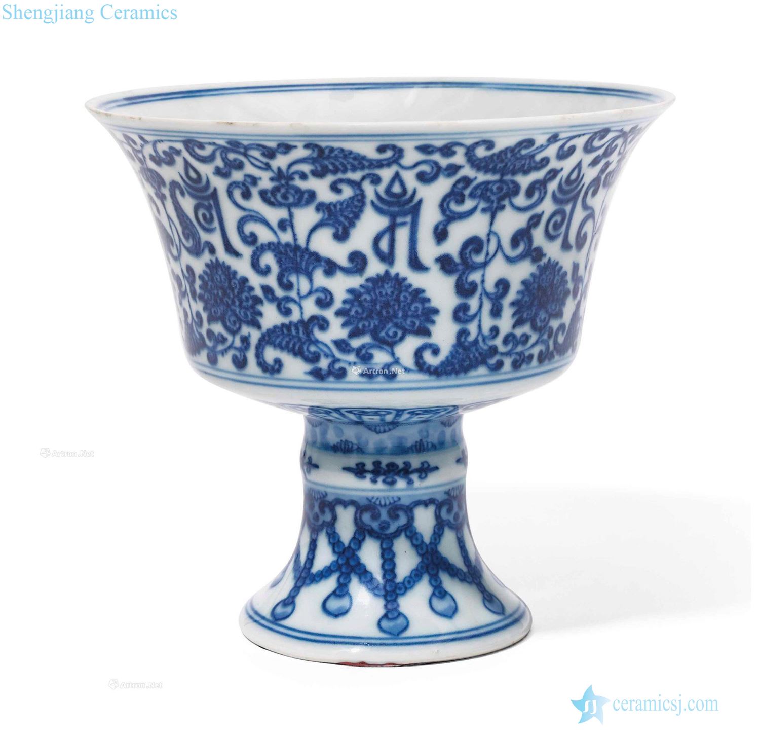 Qing qianlong Blue and white tie up branch lotus grain Sanskrit footed bowl