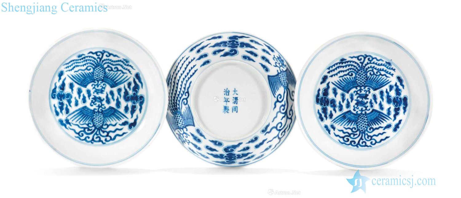 dajing Blue and white double phoenix grain small (a group of three)