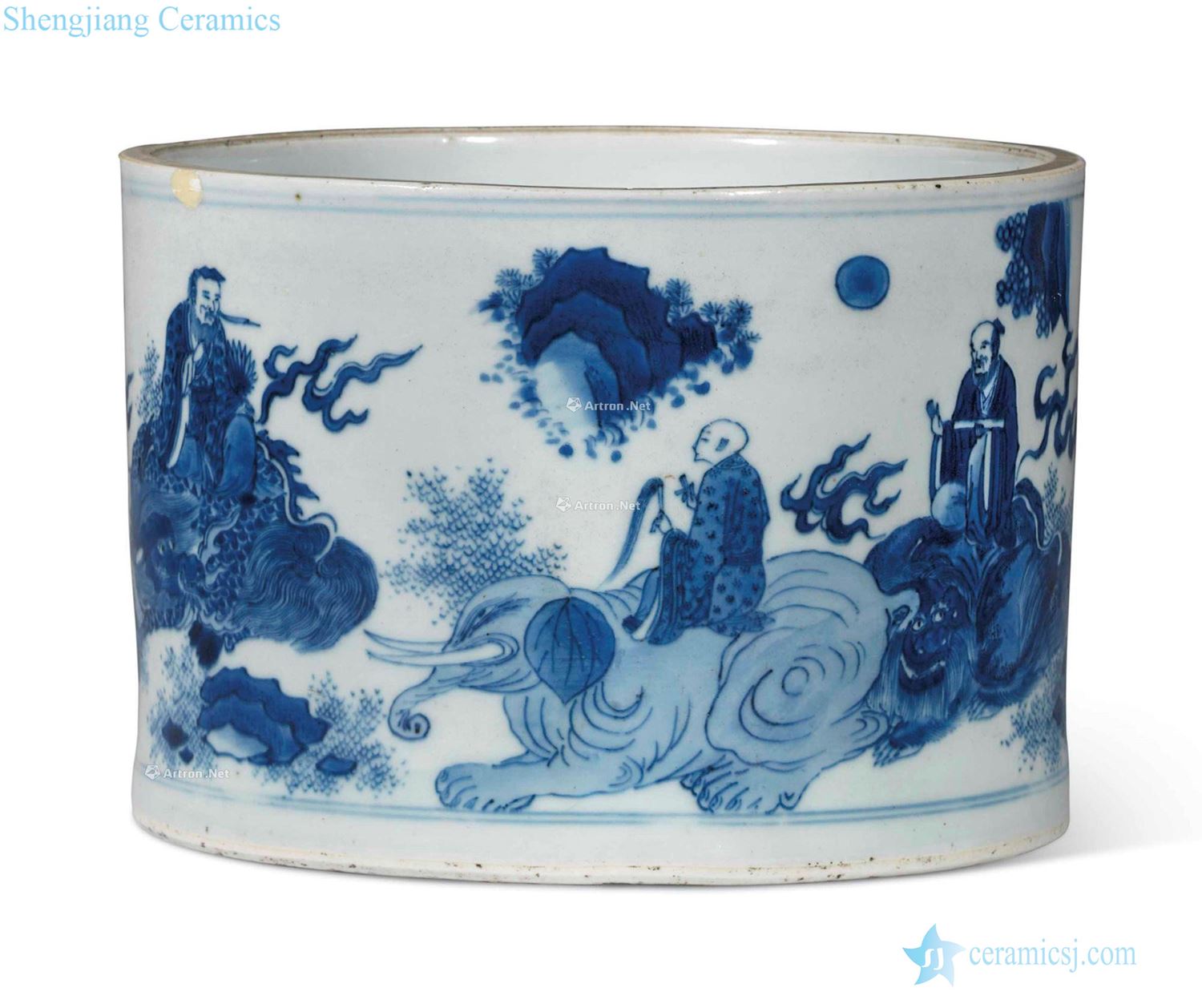 The late Ming dynasty Blue and white landscape character figure pen container