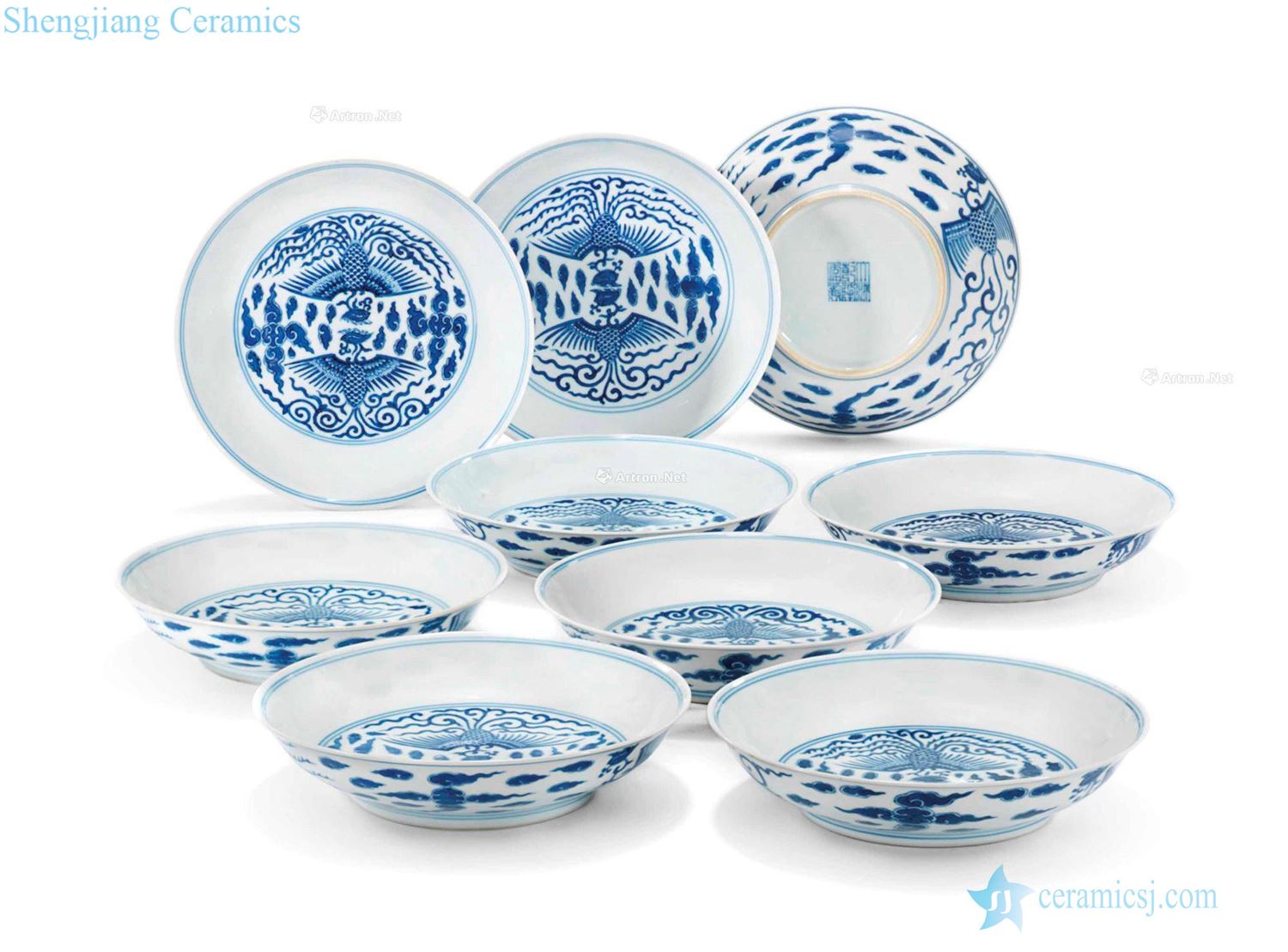 Qing qianlong Blue and white double phoenix grain small (a group of nine pieces)