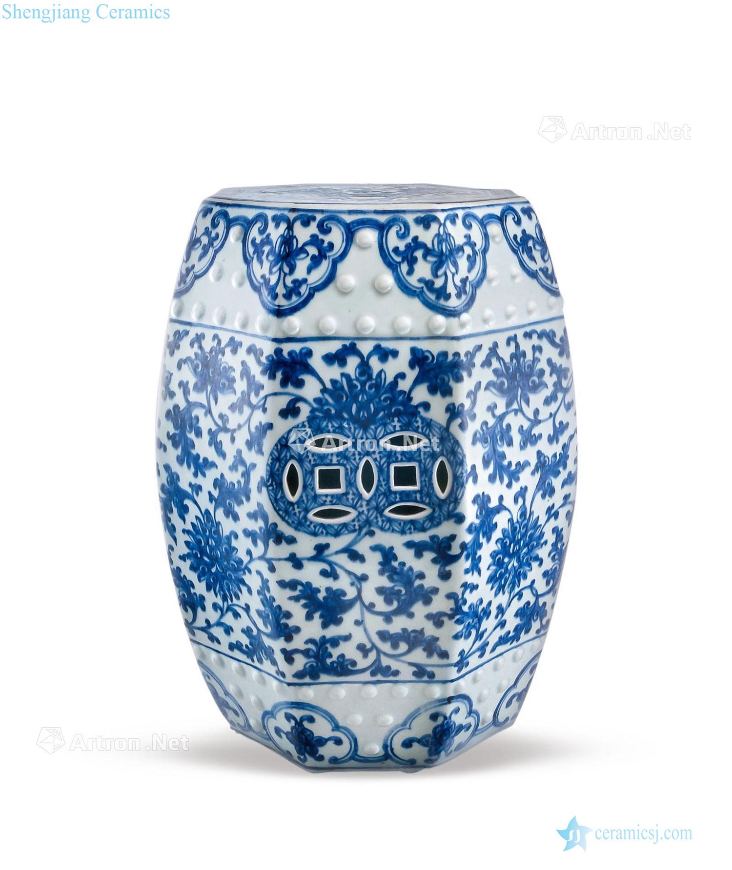 Qing qianlong Blue and white tie up branch lines eight square stool