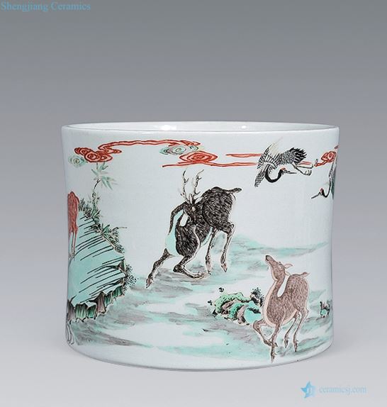 In late qing dynasty Colorful LuLingZhi big brush pot