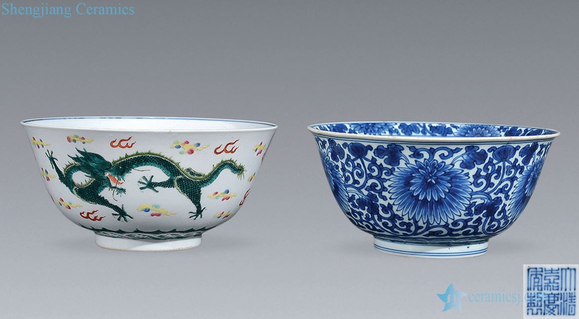 The qing emperor kangxi to jiaqing Blue and white flower bowl, pastel dragon bowl (two)