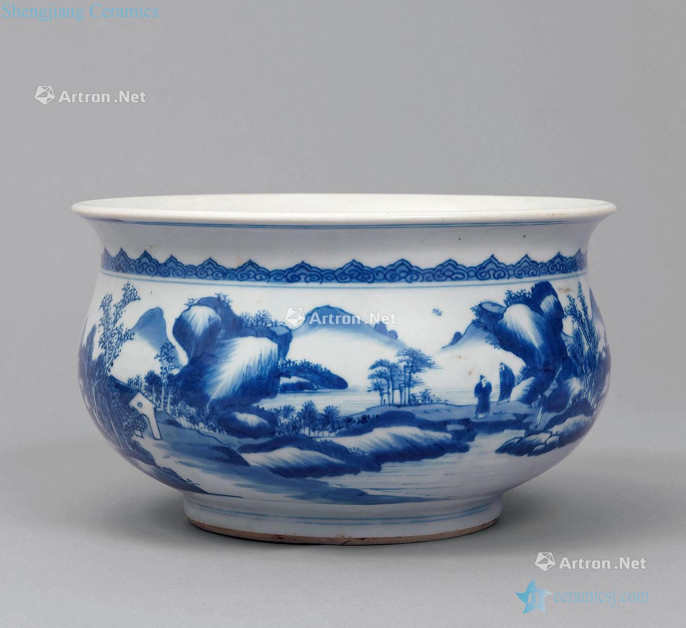 Blue and white landscape qing qianlong acknowledged incense burner