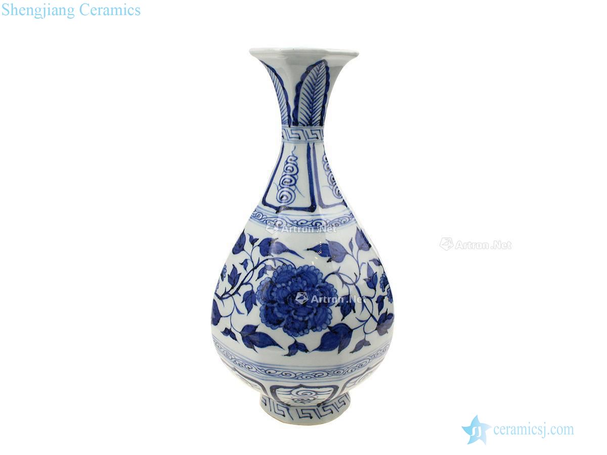 The yuan dynasty Blue and white peony lines okho spring bottle