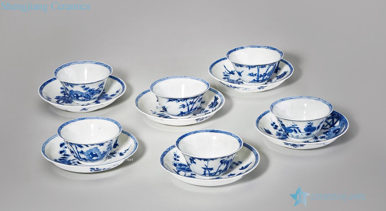 kangxi Blue and white the plum and the bamboo double qing cup even Joe (6 sets)
