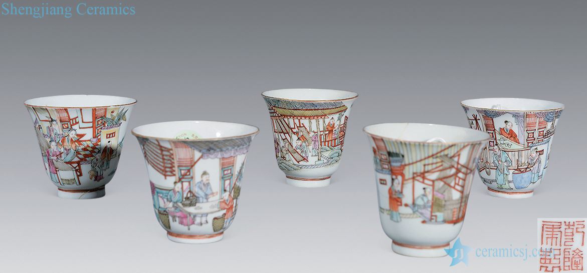 In late qing pastel characters tillage and weaving cup (five)