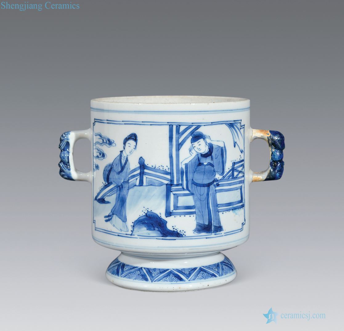 The qing emperor kangxi Blue and white landscape characters ear cup