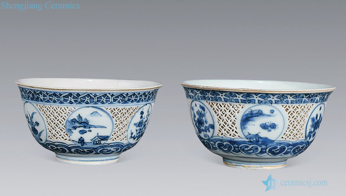 Early qing hollow-out bowl of blue and white landscape characters (a)