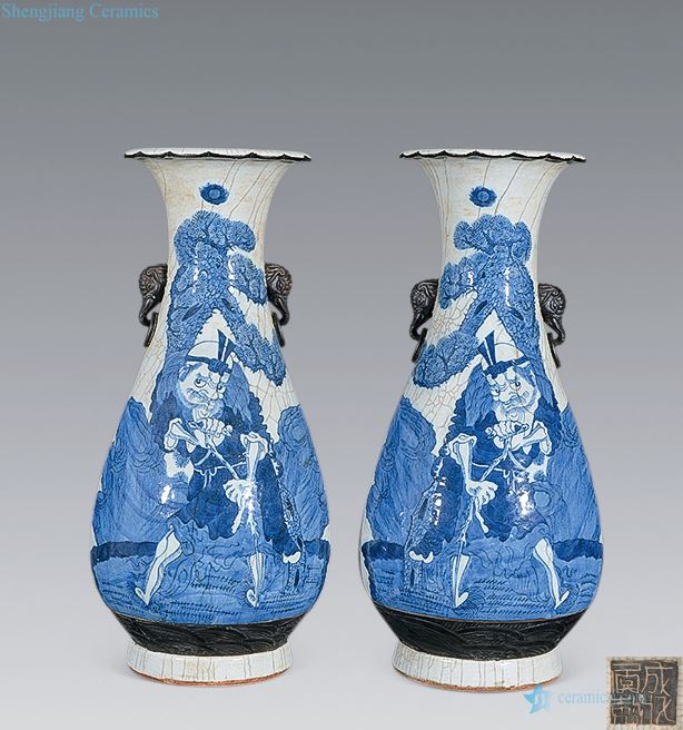 Mid qing Elder brother glaze vase with a turn blue and white iron li people object (a)