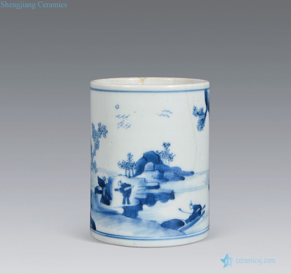 Qing yongzheng Blue and white landscape character brush pot