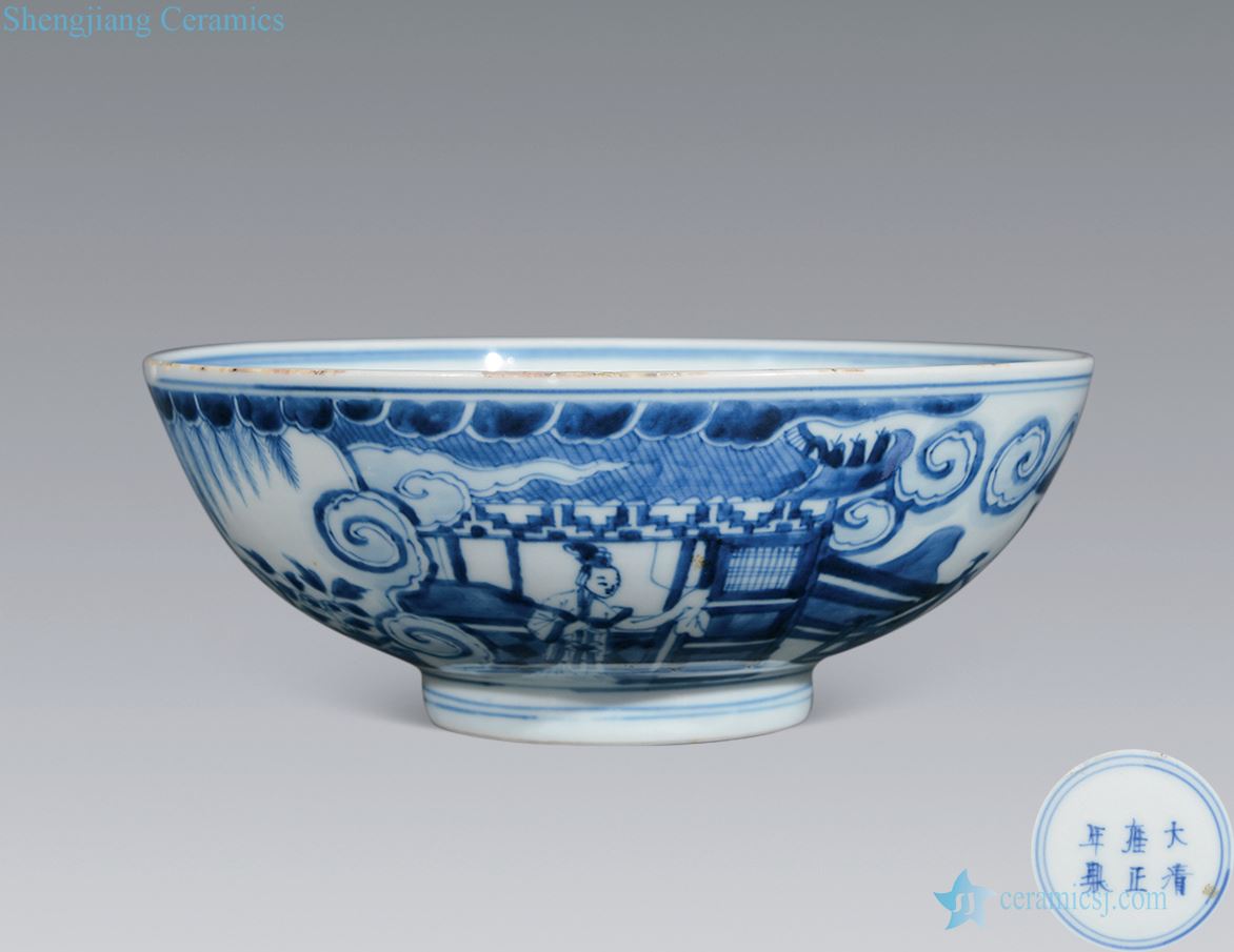 Qing yongzheng imitated yongle blue figure large bowl of traditional Chinese garden