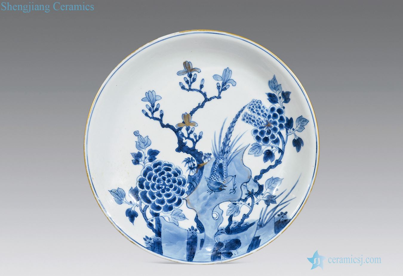 Blue and white paint golden pheasant peony tray of the reign of emperor kangxi